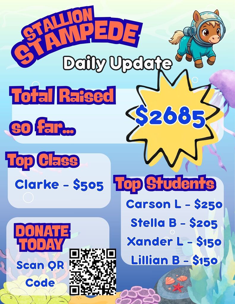 A poster with a cartoon character in blue space gear. Text reads "Stallion Stampede Daily Update". A total of $2,685 raised so far. Top class Clarke with $505. Top students Carson L, Stella B, Xander L, and Lillian B. Donation instructions include scanning a QR code.
