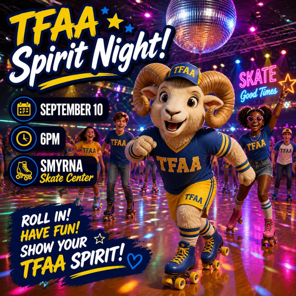 A poster for Spirit Night at TFNA Skate Center, with a mascot in a ram costume. Rollers skate in the background.