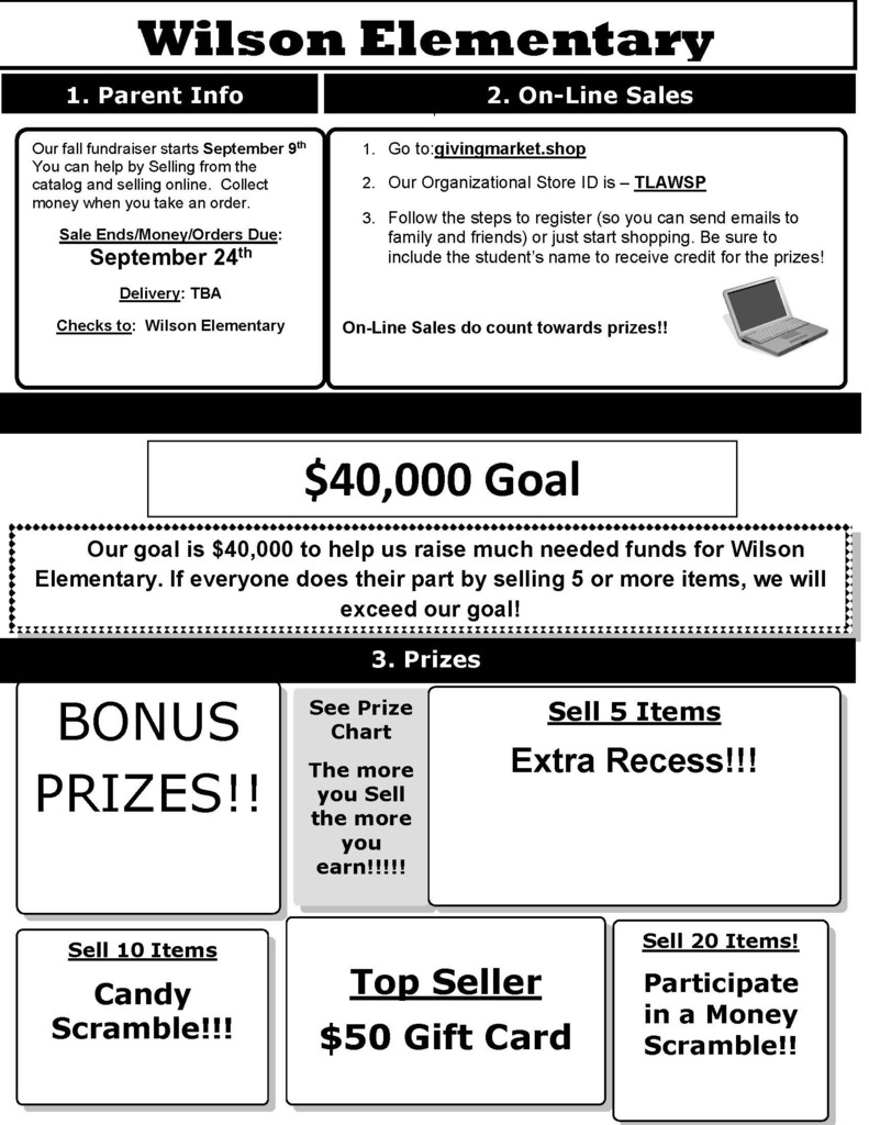 A page with a header "Wilson Elementary" lists parent info, on-line sales, a $40,000 goal, and bonus prizes for selling items.