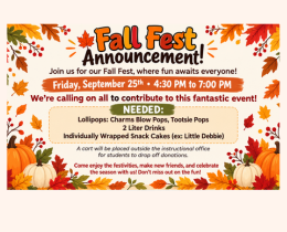 Event poster with autumn leaves and pumpkins. It reads "Fall Fest Announcement." Event details include date, time, and items needed for contribution.