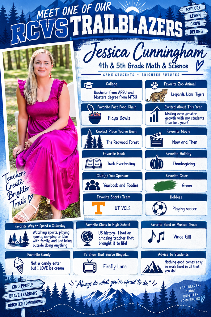 An advertisement for Jessica Cunningham, a trailblazer with details about her interests and preferences, displayed on a blue background.