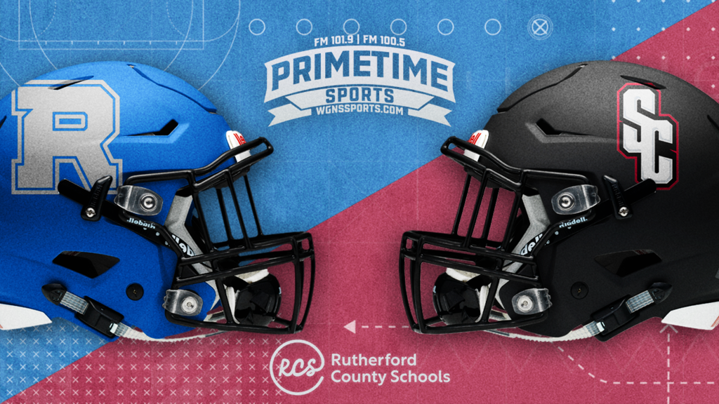 Image showing blue Rockvale football helmet and black Stewarts Creek helmet