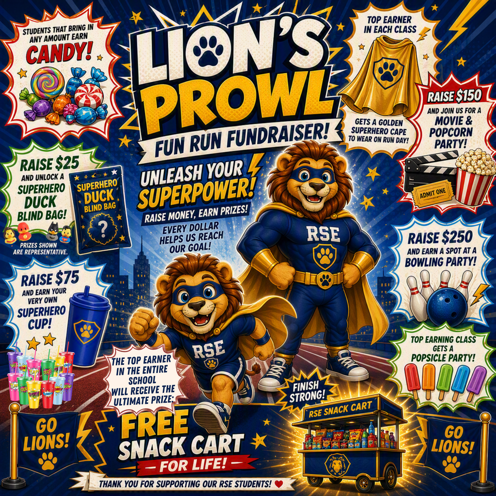A poster promotes a "Lion's Prowl Fun Run Fundraiser" with two lion mascots, a bowling pin, and various rewards for raising funds.