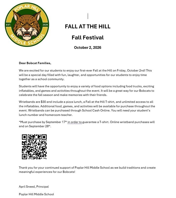 A white page contains a letter about the Fall at the Hill Festival, held on October 2, 2026. The page includes a QR code.