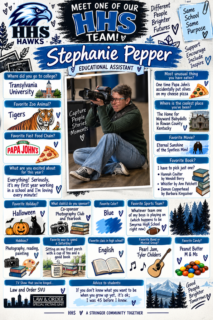 An educational assistant sits on the ground with a camera. Text and images describe interests and facts.