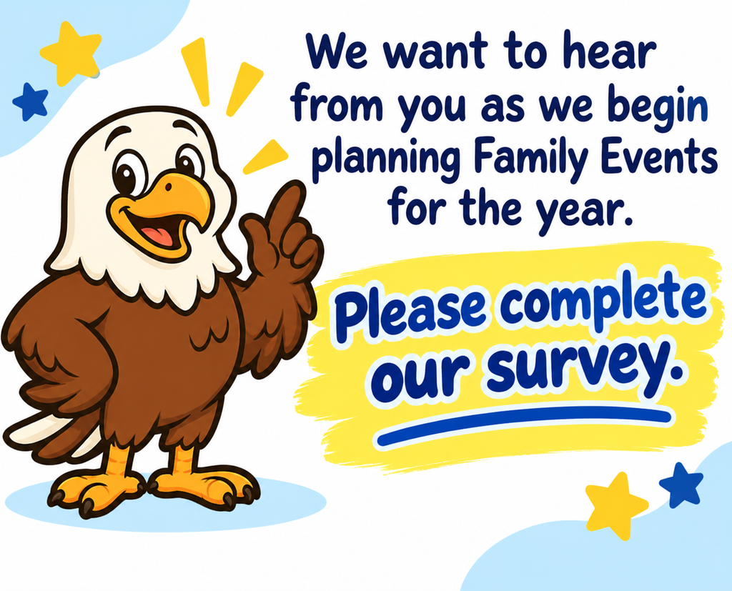 A cartoon bald eagle, smiling and pointing, next to a yellow text box. Text reads: "Please complete our survey."
