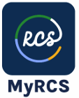 Blue square background with a logo that has a white circle with a green, blue, and yellow arc, and white text reading "RCS" and "MyRCS" below.
