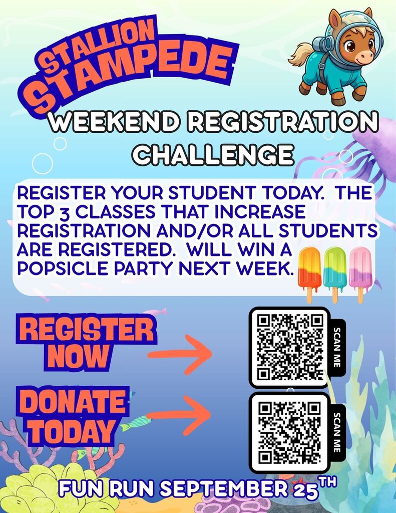 A poster advertises the "Stallion Stampede Weekend Registration Challenge." It features an animal in space gear, text prompts for registration and donation, and QR codes.