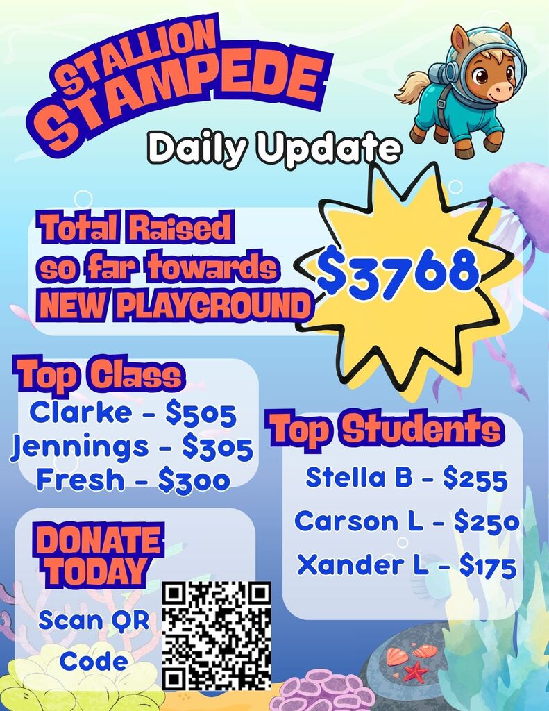 Blue poster with white text. It says "Stallion Stampede Daily Update". Shows raised funds, top class and student contributors. Features a QR code.
