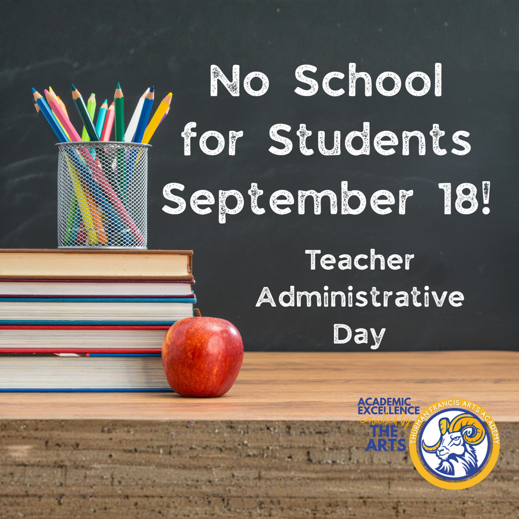 A table holds books and a pencil cup. A red apple rests on top. A blackboard reads "No School for Students September 18!"