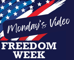Graphic displays blue background with American flag. Text reads "Monday's Video Freedom Week".