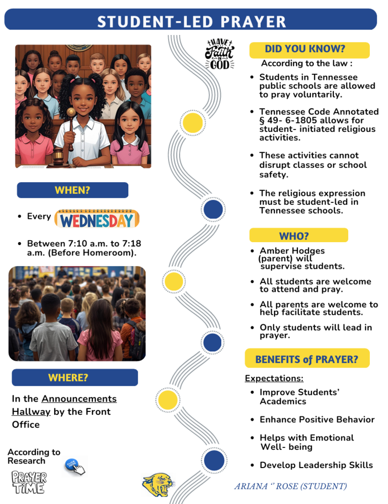 Infographic with headings about student-led prayer, including "When?", "Where?", and "Did You Know?" with details about times, locations, and benefits.