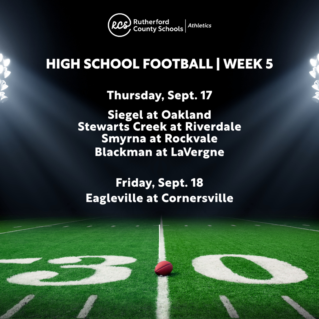 A poster highlights week five high school football games, featuring a football on the field.