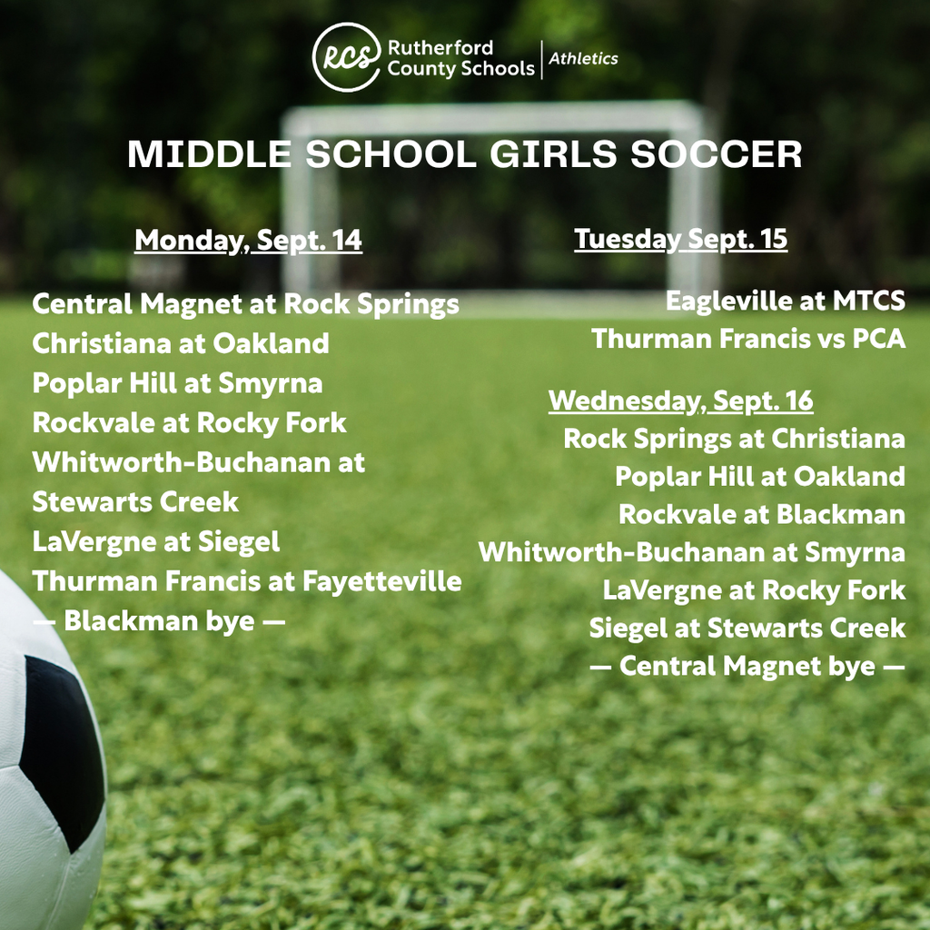 A soccer ball sits on a field with a soccer goal. A schedule for middle school girls soccer games is overlaid on the image.