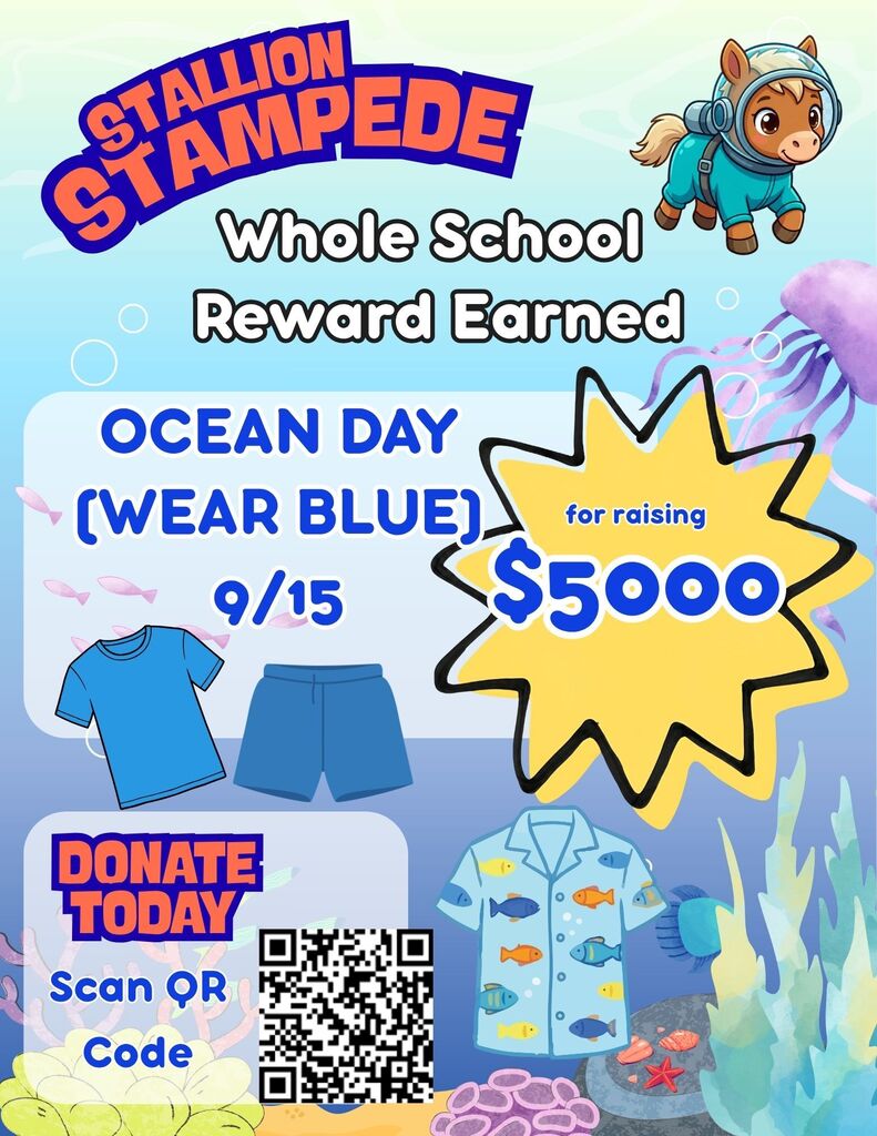 A poster highlights a school's achievement of raising $5,000, celebrating with an ocean-themed day on 9/15. The poster shows a dolphin, blue clothing, a QR code, and a bright sun.