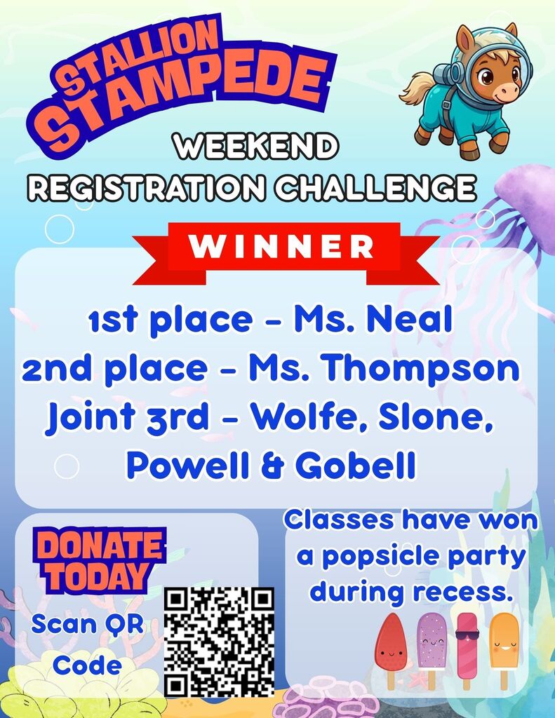 A vibrant flyer announces the winners of the "Stallion Stampede Weekend Registration Challenge" with QR codes and a colorful marine theme.