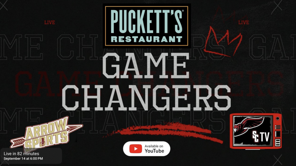 Black background with "Puckett's Restaurant Game Changers" in bold white text. Logos of Arrow Sports and $TV appear below.