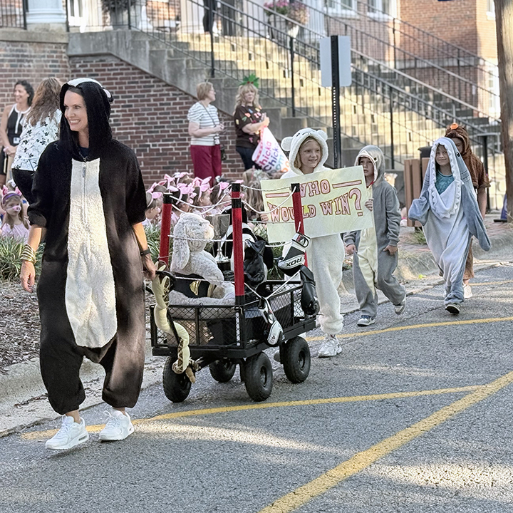 People in animal costumes walk on a street, one in a vehicle with a yellow sign.