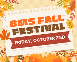 Poster for BMS Fall Festival on October 2nd, with autumn leaves, mushrooms, and a checked pattern background.