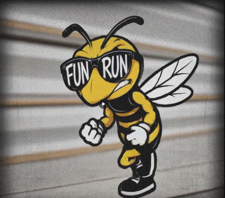 A bee wearing sunglasses, sneakers, and wings is running. The text "FUN RUN" is on the sunglasses.