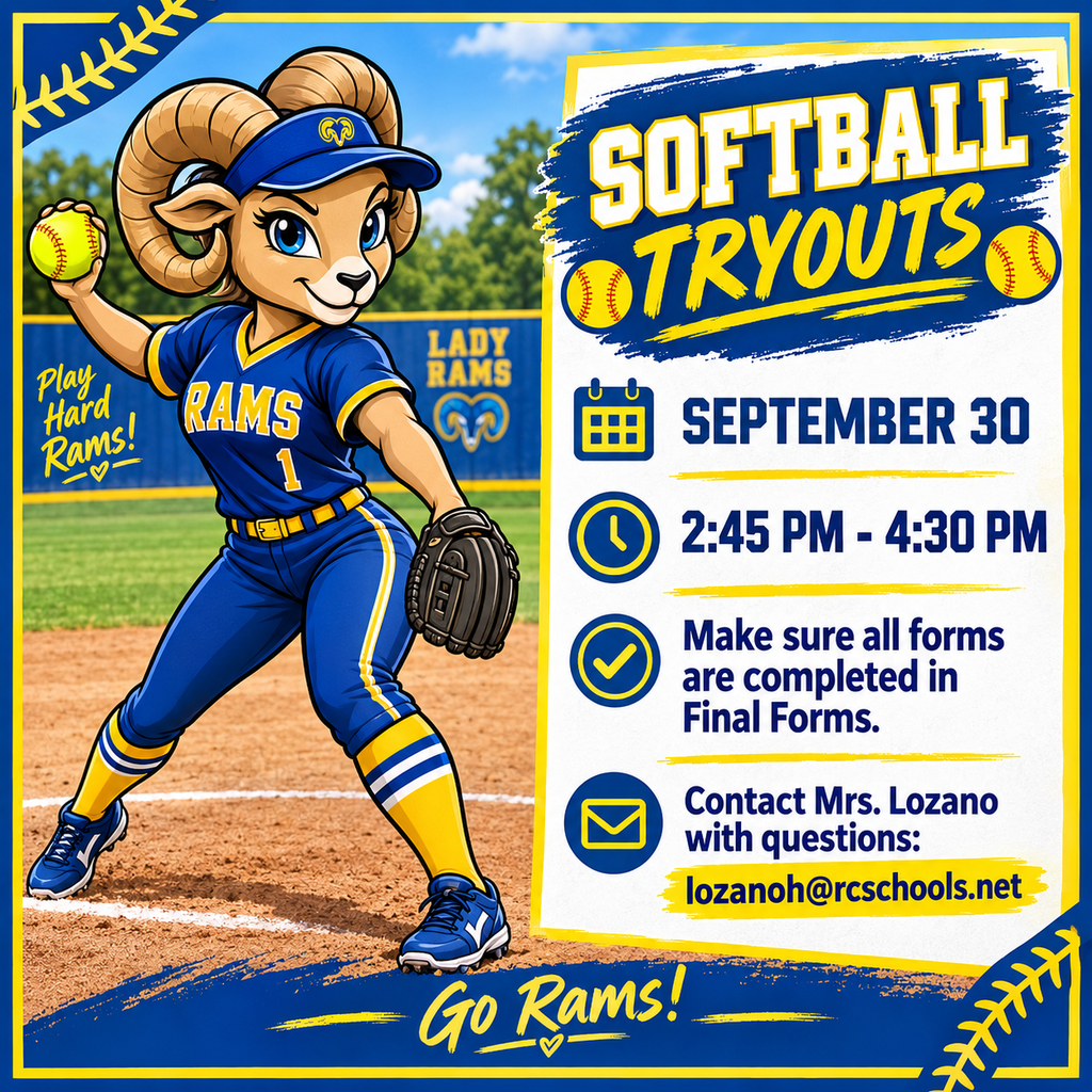 An image of a cartoon ram in a blue softball uniform throws a ball. The date, time, and contact information for the softball tryouts are displayed.