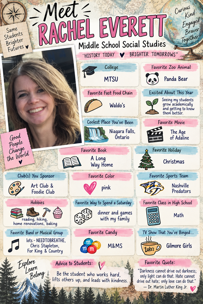 A colorful page featuring a smiling woman. Text includes personal details, such as favorite zoo animal, book, and hobbies.