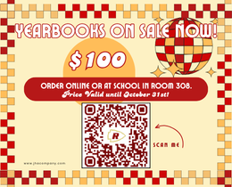 Promotional poster for yearbooks on sale. Price is $100, valid until October 31. QR code for ordering online. Background features checkered pattern and a hot air balloon.
