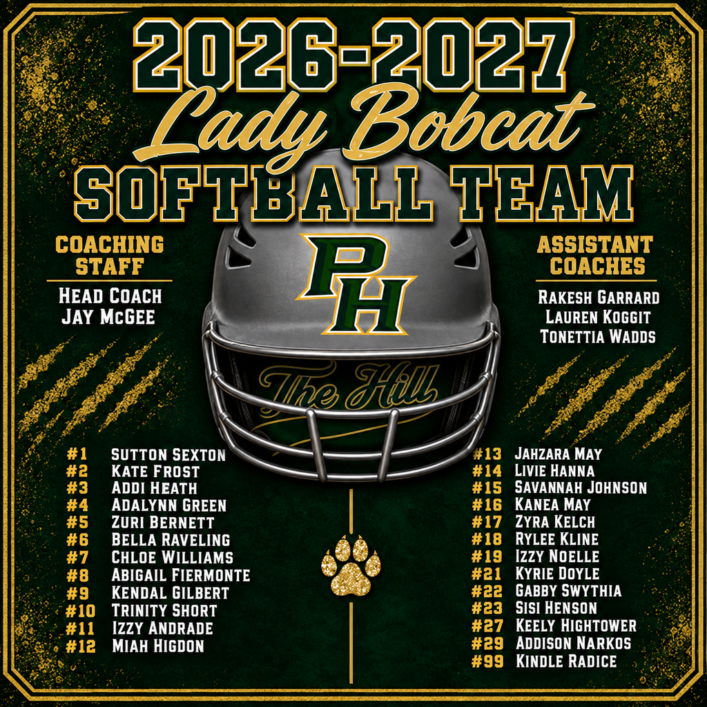 A green poster with a football helmet features the roster for the Lady Bobcat Softball Team for 2026-2027.