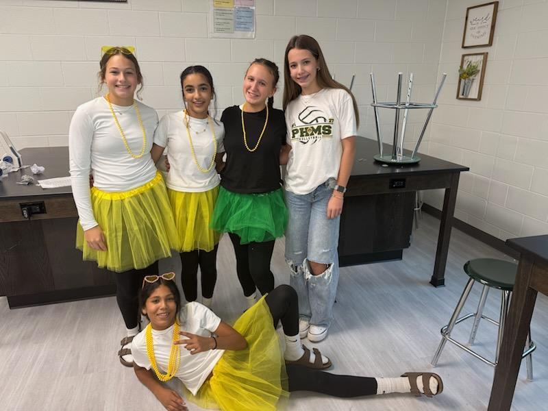 Five young people wearing white t-shirts and colorful skirts pose in a room. They stand behind a desk with a plant.
