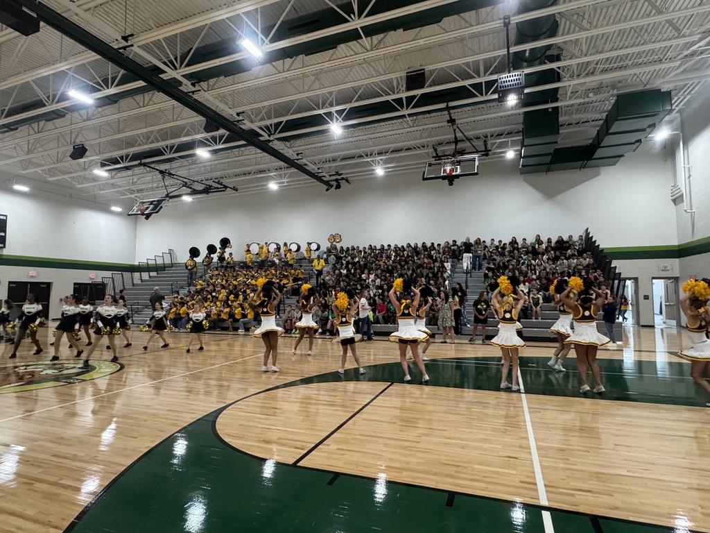 A gym with wooden floors and a crowd in the stands. Cheerleaders in white uniforms perform on the court.