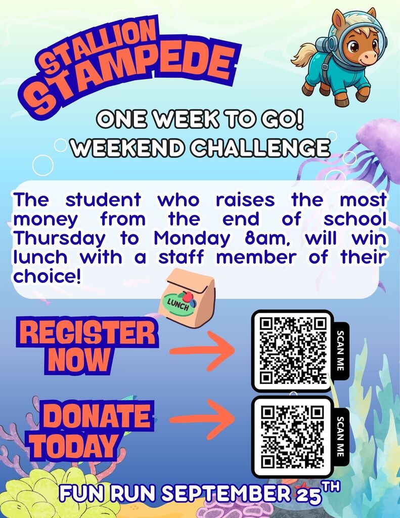 A poster with blue background and ocean creatures. It says "Stallion Stampede Weekend Challenge". There is a horse in a helmet. QR codes lead to "Register Now" and "Donate Today".