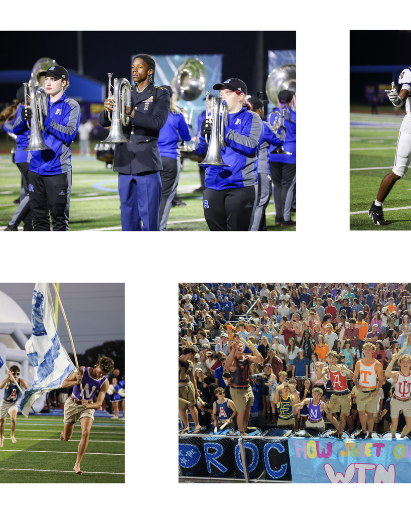 A football game with players, a band, and spectators. The band members hold instruments and the players run.