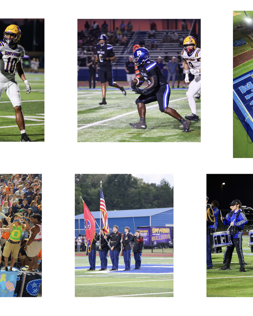 Four images of athletes in football gear, a large crowd in stands, a marching band performing, and a flag being held.