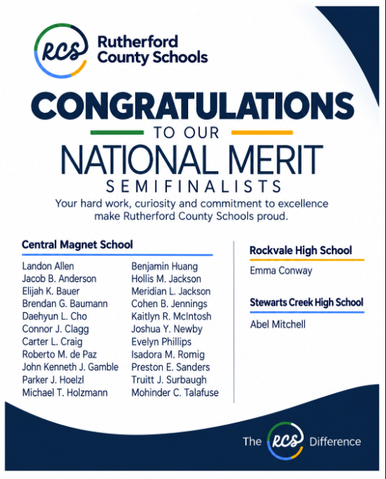 A Rutherford County Schools poster congratulates semifinalists for National Merit. Names are listed under different schools.