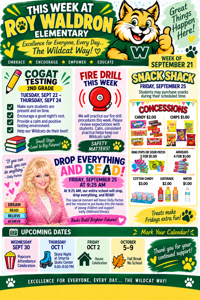 A flyer with a cat icon. Text reads "This Week at Roy Waldron Elementary" with sections for upcoming dates, snack shack, and fire drill.