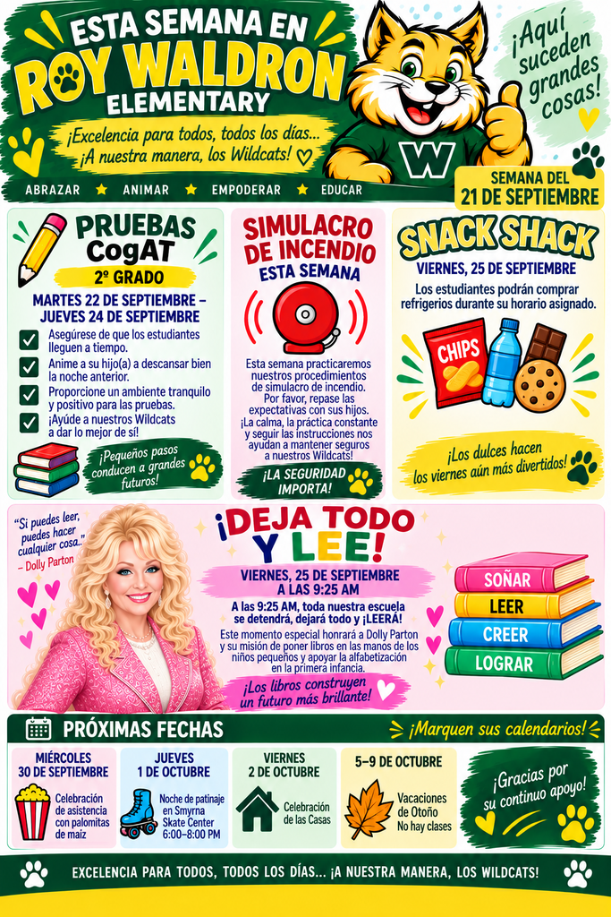 A colorful flyer featuring a woman in a pink jacket, with text in Spanish. The flyer contains headings for upcoming events.