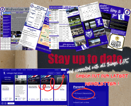 A collection of newsletters and flyers in blue and white, with text and images. A red arrow points to "Parents Newsletter" on a blue and white page.