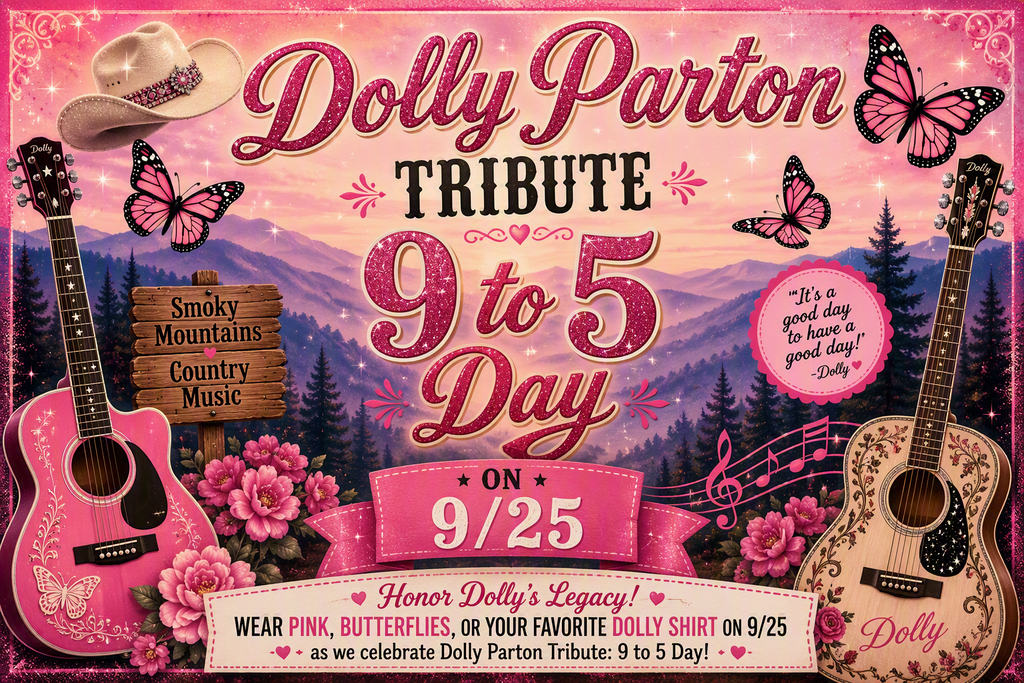 A pink-themed poster displays guitars and butterflies with the text "Dolly Parton Tribute 9 to 5 Day" on September 25.