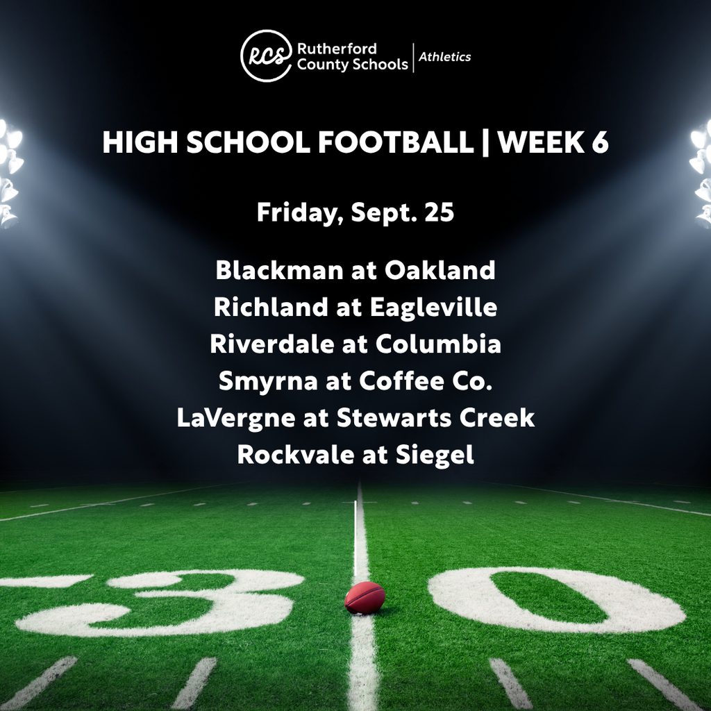 Football field with stadium lights in background. Text reads "High School Football | Week 6" and a list of football matchups.