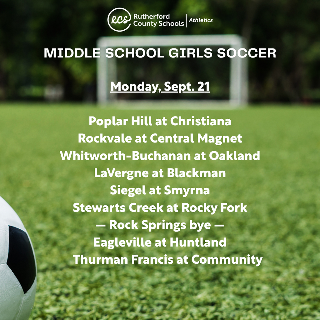 An announcement for middle school girls' soccer, with games listed. A soccer ball is in the foreground on a field.