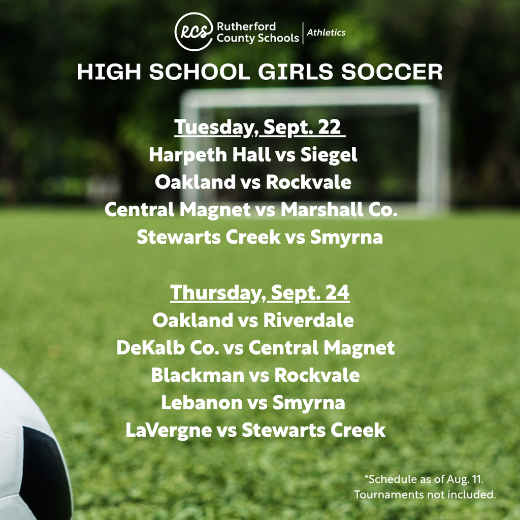 Green background with soccer field. A soccer ball is in the foreground. A list of upcoming high school girls soccer matches is in bold white text.