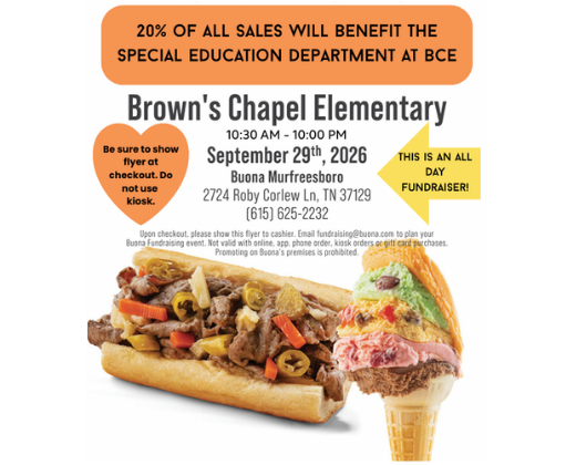 An advertisement for Brown's Chapel Elementary fundraiser, for Buona Beef and Rainbow Cone.