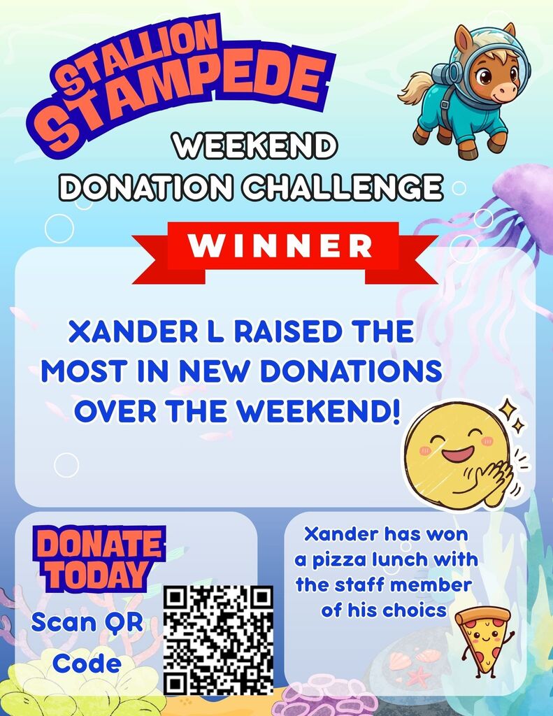 An underwater-themed graphic celebrates a donation challenge winner. Xander L raised the most in new donations. It includes a pizza lunch with a staff member.