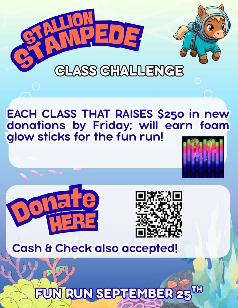 A poster shows a cartoon horse, text, and a QR code for donations. It promotes a class challenge with a fun run on September 25.