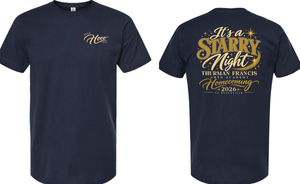 Front and back views of a navy blue T-shirt with the words "It's a Starry Night" and event details on the back.