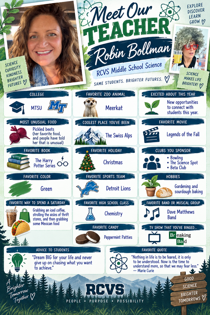 A page displays information about a teacher named Robin Bollman. It includes details about her background, hobbies, favorite things, and advice to students.