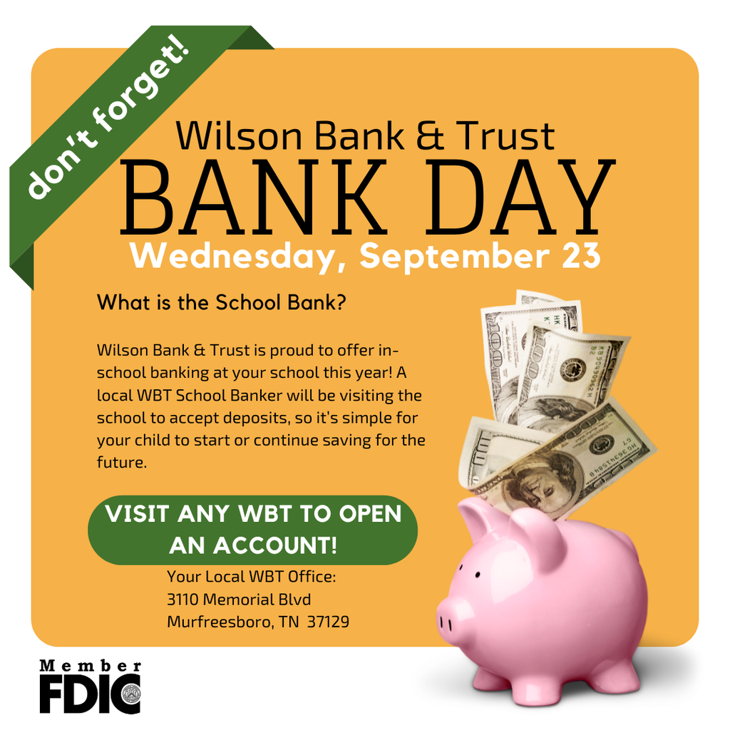 A pink piggy bank holds dollar bills. Text reads "Wilson Bank & Trust BANK DAY Wednesday, September 23" with a "don't forget" banner.
