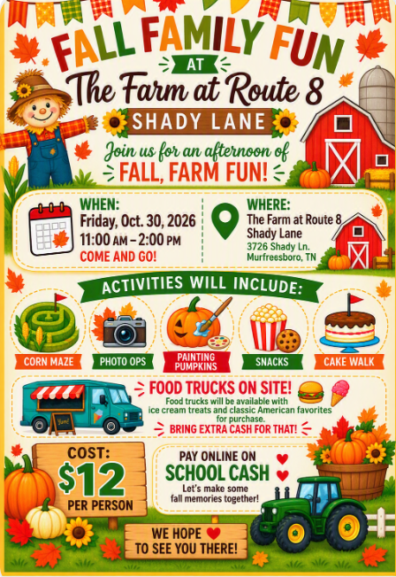 A poster with a red barn, scarecrow, pumpkins, and trucks. Text reads "Fall Family Fun at The Farm at Route 8 Shady Lane" with details of date, time, location, and activities.