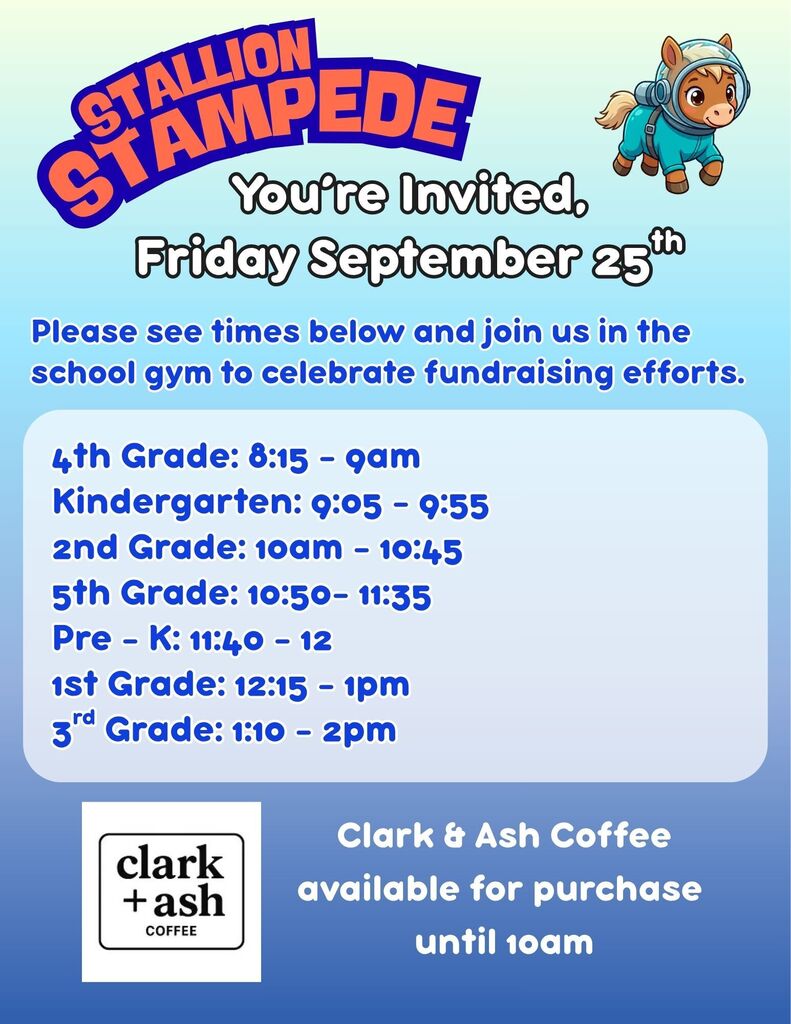 Blue poster with "Stallion Stampede" headline. A character is featured. Multiple times and grades are listed. Coffee available until 10am.