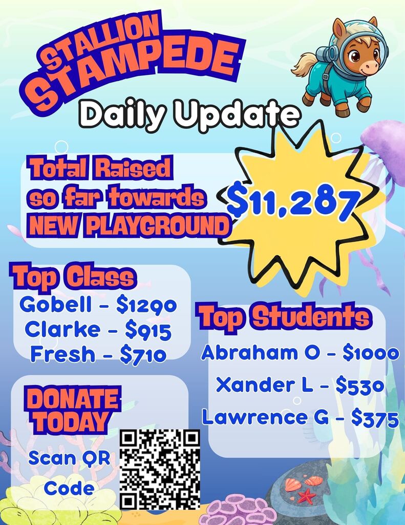A colorful poster displays the "Stallion Stampede Daily Update" with a cartoon animal. It lists total raised funds, top classes, and top donors. QR code for donations is included.